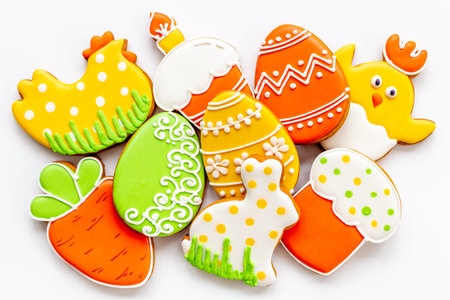 Easter baking background with cookies eggs and bunny, top view