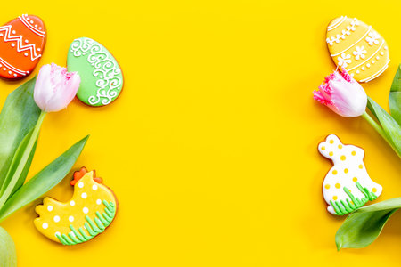 Easter cookies with tulips flowers. Happy Easter greeting card