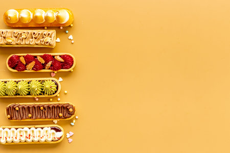 Flatlay of color eclairs with pistachio raspberries and chocolate