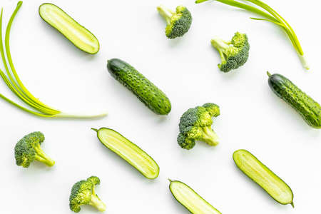 Flatlay of green vegetables - broccoli and cucumber. Food backgroundの写真素材