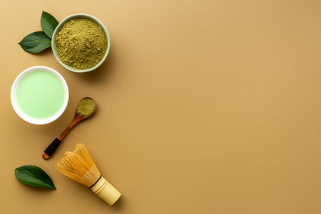 Matcha tea. Tea ceremony with dry powder and hot drinkの写真素材
