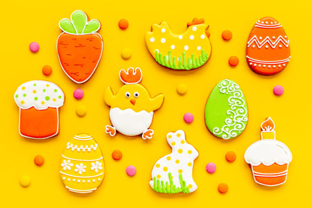 Easter Bunny cookies background with sugar sprinkles, top view