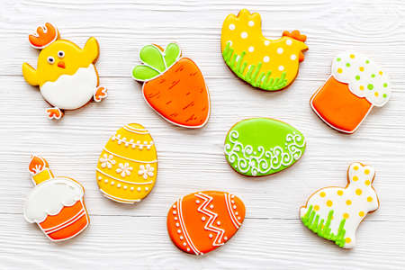 Easter Bunny cookies background with sugar sprinkles, top viewの写真素材