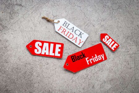 Price sale label tied with string. Discount shopping day conceptの写真素材