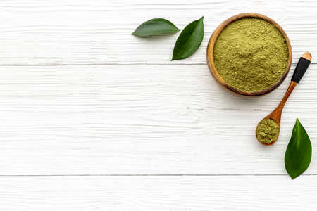 Matcha tea. Tea ceremony with dry powder and hot drinkの写真素材