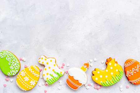 Easter baking background with cookies eggs and bunny, top view