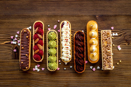 Set of french dessert eclairs with colorful topping