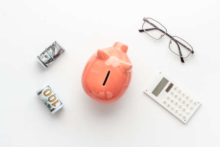 Piggy bank top view. Currency saving and investments conceptの写真素材