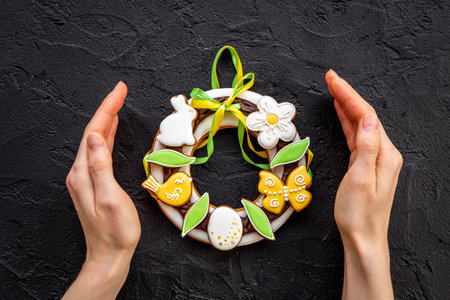 Easter gingerbread cookies wreath with bunny and eggs