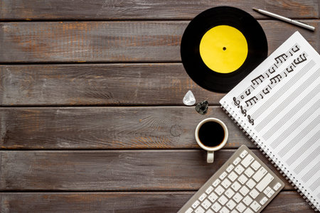 Musicians desk music recording with music sheets