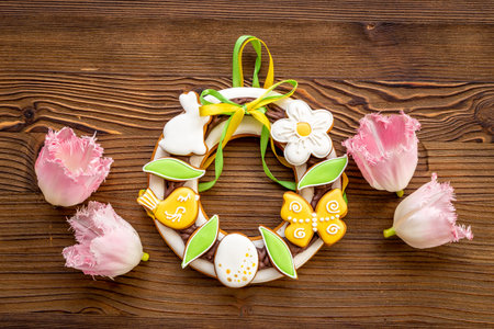 Easter gingerbread cookies wreath with bunny and eggs