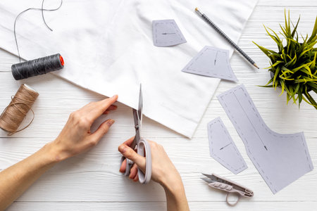 Sewing and knitting accessories in workshop. Fashion designer or seamstress workplace