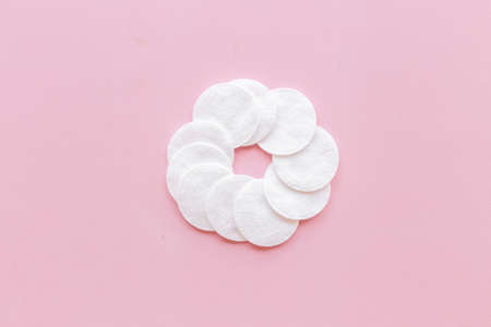 Cotton pads top view. Cosmetic makeup remover suppliesの写真素材