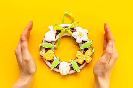 Easter gingerbread cookies wreath with bunny and eggs