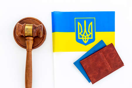 Validation of refugee status - Ukraine flag with gavelの写真素材