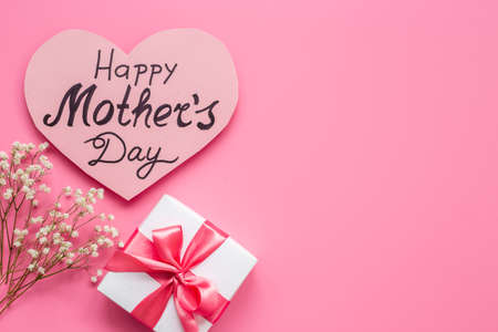Flatlay of Happy Mothers day greeting card and gift boxの写真素材