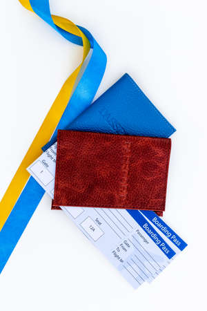 Yellow and blue ribbon with passport. Ukrainian immigration conceptの写真素材