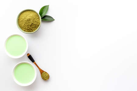 Matcha tea powder with green hot drink - asian tea ceremonyの写真素材