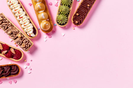 Top view of sweet bakery eclairs with color topping