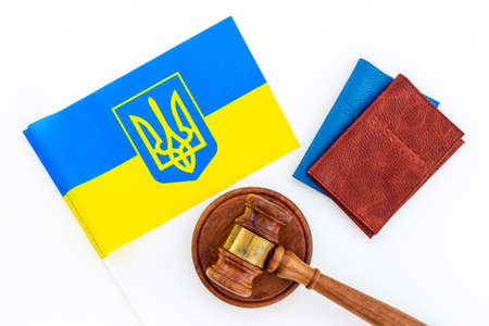 Ukrainian refugees concept. Flag with passport and gavelの写真素材
