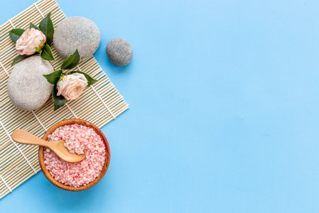 Beauty treatment massage with spa stonea and pink sea salt, top viewの写真素材