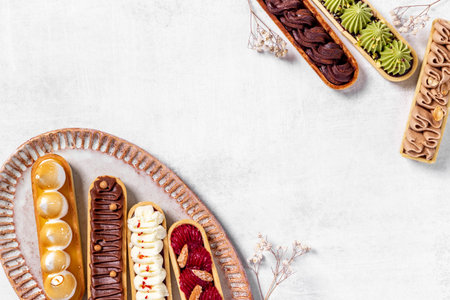 Delightful set of eclairs with pistachio raspberries and chocolate
