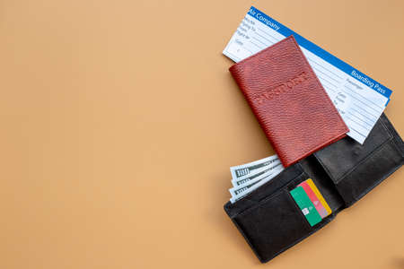 Travel documents - passport with tickets and wallet with money cashの写真素材