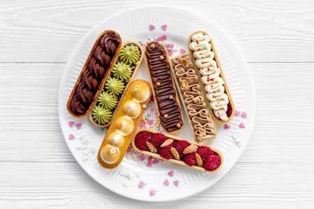 Group of decorated eclairs with pistachio raspberries and chocolate