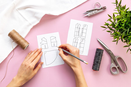 Workplace of seamstress. Hands doing sewing patterns with fabric