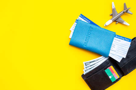 Travel documents - passport with tickets and wallet with money cashの写真素材