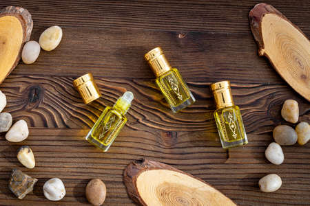 Glass bottles of perfume Oud oil. Aromatic Arabian oil