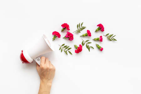 Megaphote in hand with flying flowers and leaves. Hiring or advertising concept