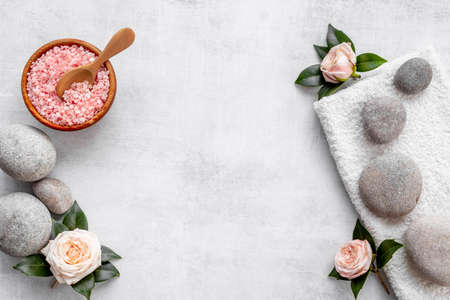 Beauty treatment massage with spa stonea and pink sea salt, top viewの写真素材