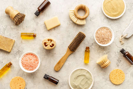 Spa cosmetic products with shower sponge and pumice. Top view flatlayの写真素材