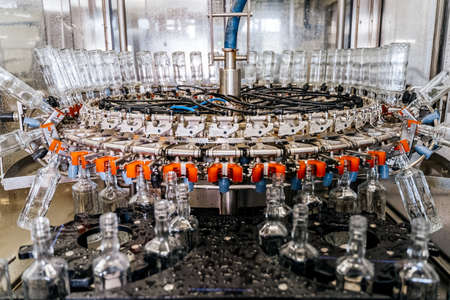 Many empty bottles on a conveyor belt at alcoholic beverage factory