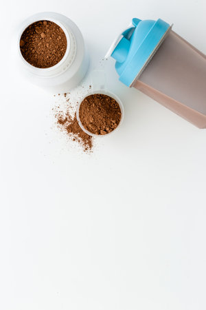 Sport bottle with protein shake and whey protein powder. Sport food supplementの写真素材