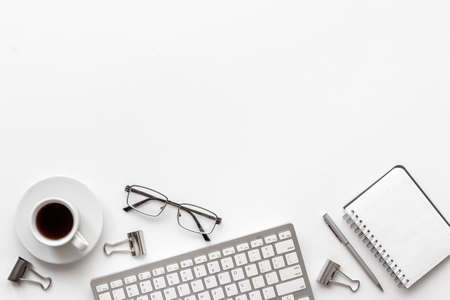 Monochrome design office work space. Home office desk with suppliesの写真素材