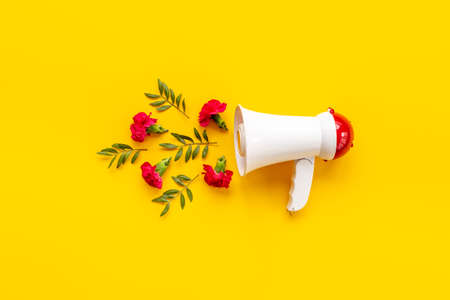 Advertising idea - megaphote with flying flowers and leaves. Good news conceptの写真素材