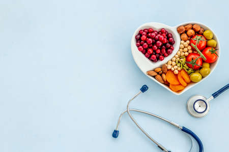 Diabetic sugar free diet. Healthy food with stethoscopeの写真素材