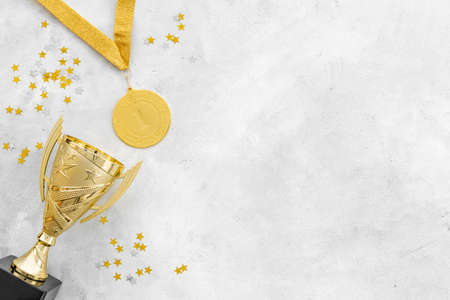 Award trophy cup and gold medal first place. Winner and success conceptの写真素材