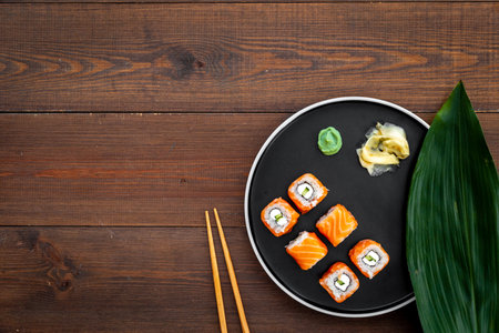 Sushi roll set with salmon and cream cheese on plate. Japanese foodの写真素材