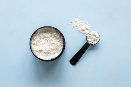 Whey protein powder in jar. Sport food supplement and fitness dietの写真素材