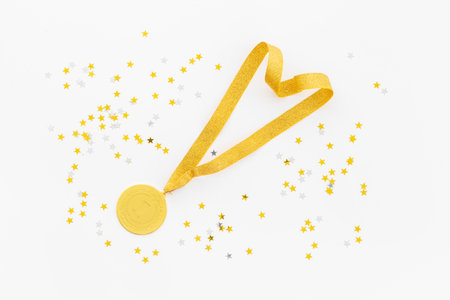 Gold medal first place on ribbon with stars. Winner conceptの写真素材