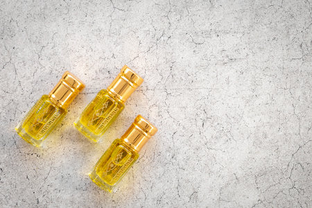 Glass bottles of oil perfume. Traditional Arabian fragrance