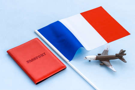 Flag of France with passport. Travel visa and citizenship conceptの写真素材