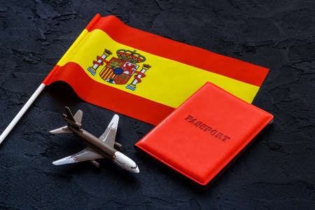 Flag of Spain with passport. Travel visa and citizenship conceptの写真素材