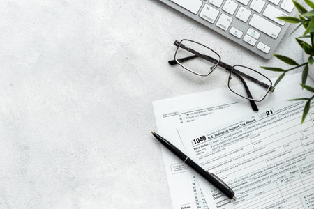 US tax form on office table desktop. Accountant culculate taxes