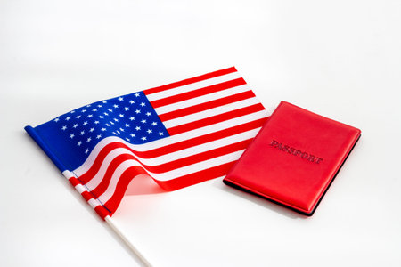 Flag of USA with passport. Travel visa and citizenship conceptの写真素材