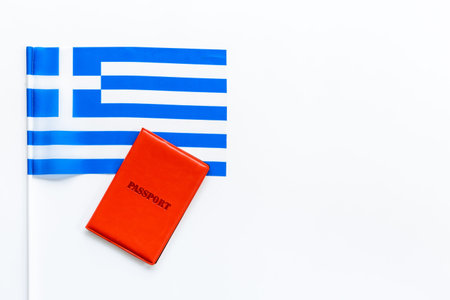 Flag of Greece with passport. Travel visa and citizenship concept