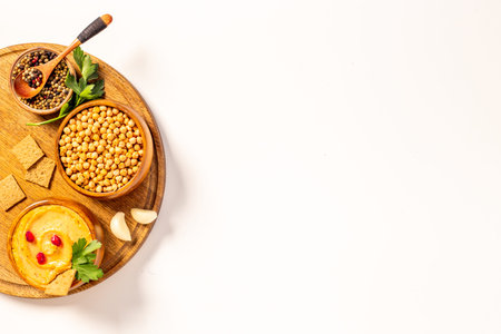 Colorful hummus in bowls flatlay. Healthy vegetarian mealの写真素材